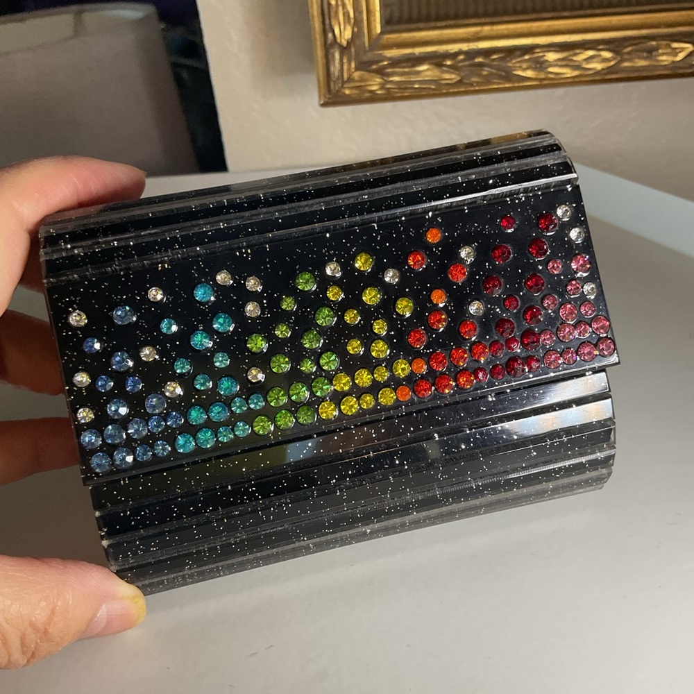 KURT GEIGER MINI PARTY CLUTCH REMOVABLE BEADED STRAP BLACK WITH CRYSTALS NWOT - Picture 9 of 11